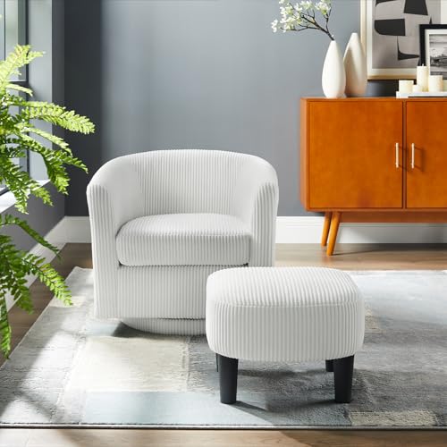 360° Swivel Barrel Accent Chair with Ottoman, Round Club Arm Chair,Modern Single Sofa Seating, Reading Seat in Corduroy for Living Room Bedroom (Black)