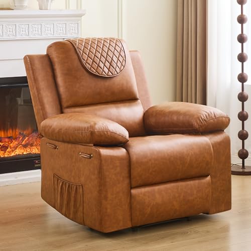 Recliner Chair with Electric Massage Adjustable Footrest & Heat, Manual Leather Recline for Adults Living Room Remote Control (Black)