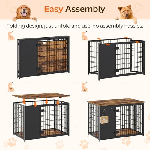 Foldable Dog Crate Furniture, Dog Crate with DIY Frame, Heavy Duty Dog Kennel Indoor with Hooks, Wooden Dog Cage End Table, for Small/Medium Dogs, White and Walnut DC95WH