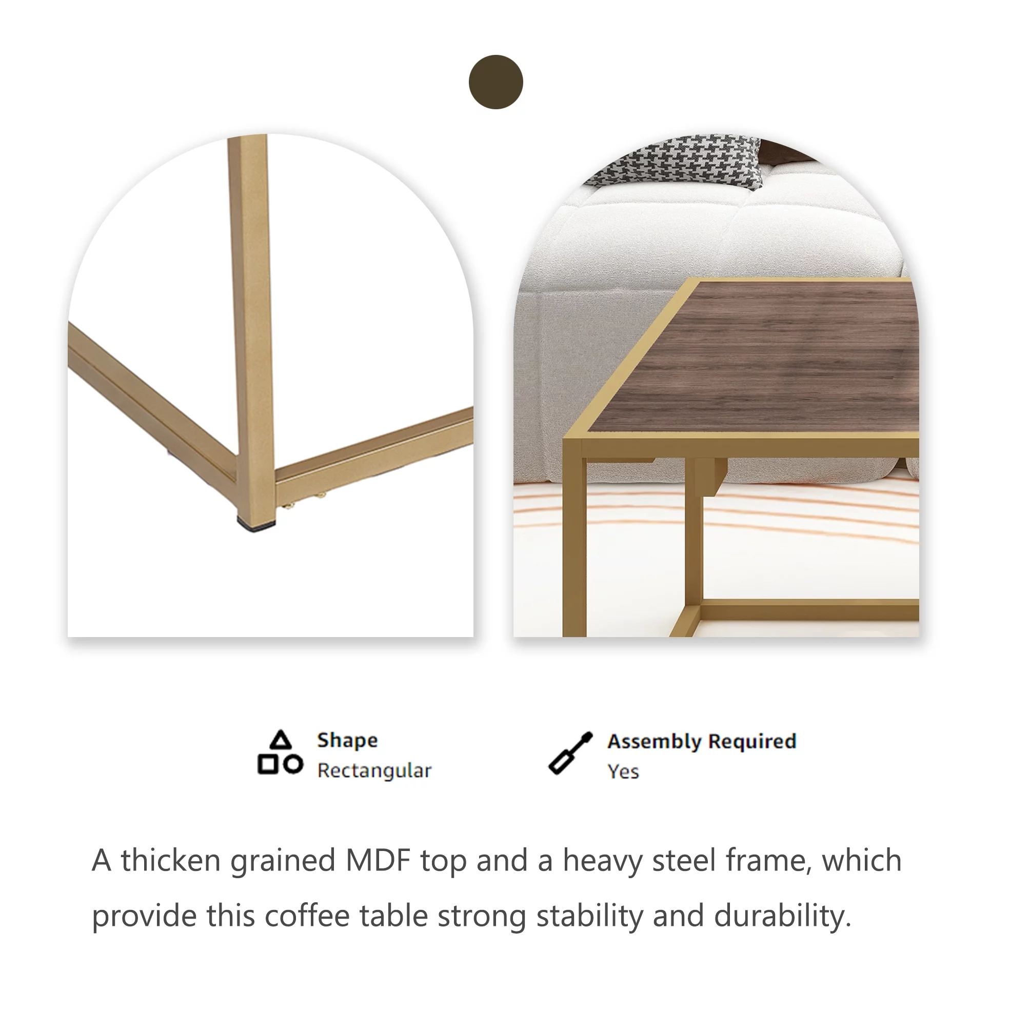 Alazyhome Modern Industrial Style Rectangular Wood Grain Top Coffee Table with Gold Metal Box Frame