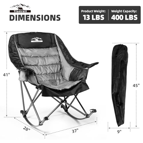 Oversized Rocking Camping Chair, Fully Padded Camp Chairs for Adults with Side Pocket and Cup Holder, Heavy-Duty 400lbs Capacity, Blue & Gray