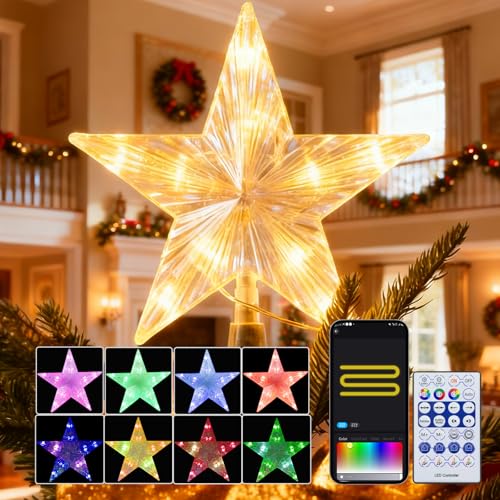 Smart Christmas Star Tree Topper, Color Changing Color, Remote & App Control, Timer, Christmas Decorations for Indoor Outdoor Holiday Xmas Tree Party Decor