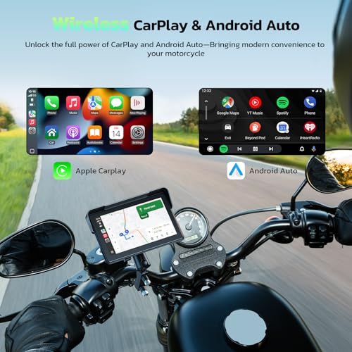 LAMTTO 7-Inch Wireless Motorcycle Carplay GPS Navigation System with Apple Carplay and Android Auto, Portable Moto Car Play Screen with Dual Bluetooth, Navigation, Siri, Google Assistant, Anti-Glare