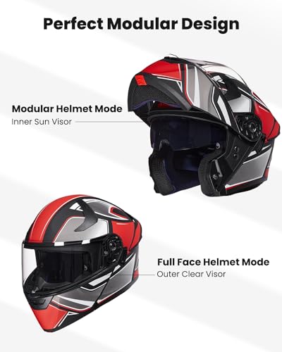 ILM Adult Motorcycle Helmet Dual Visor Flip up Modular Full Face Helmet DOT Model WS206(Matte Black,XX-Large)