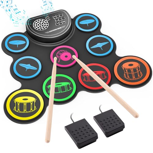 Electronic Drum Set, 9-Drum Practice Pad with Headphone Jack, Roll-up Drum Kit Machine with Built-in Speaker Drum Pedals and Sticks 10 Hours Playtime, Great Christmas for Kids