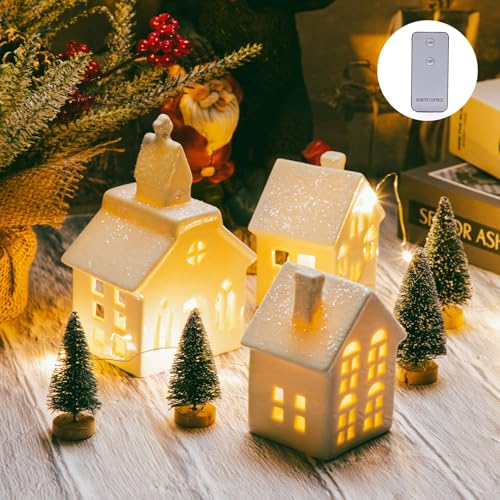 ZTL 7PCS Christmas Village Sets - 3 LED Lighted Ceramic White Christmas Village Houses with Remote & 4 Trees, Porcelain Miniature Christmas Figurines Decorations for Home Tabletop Mantel Shelf Decor