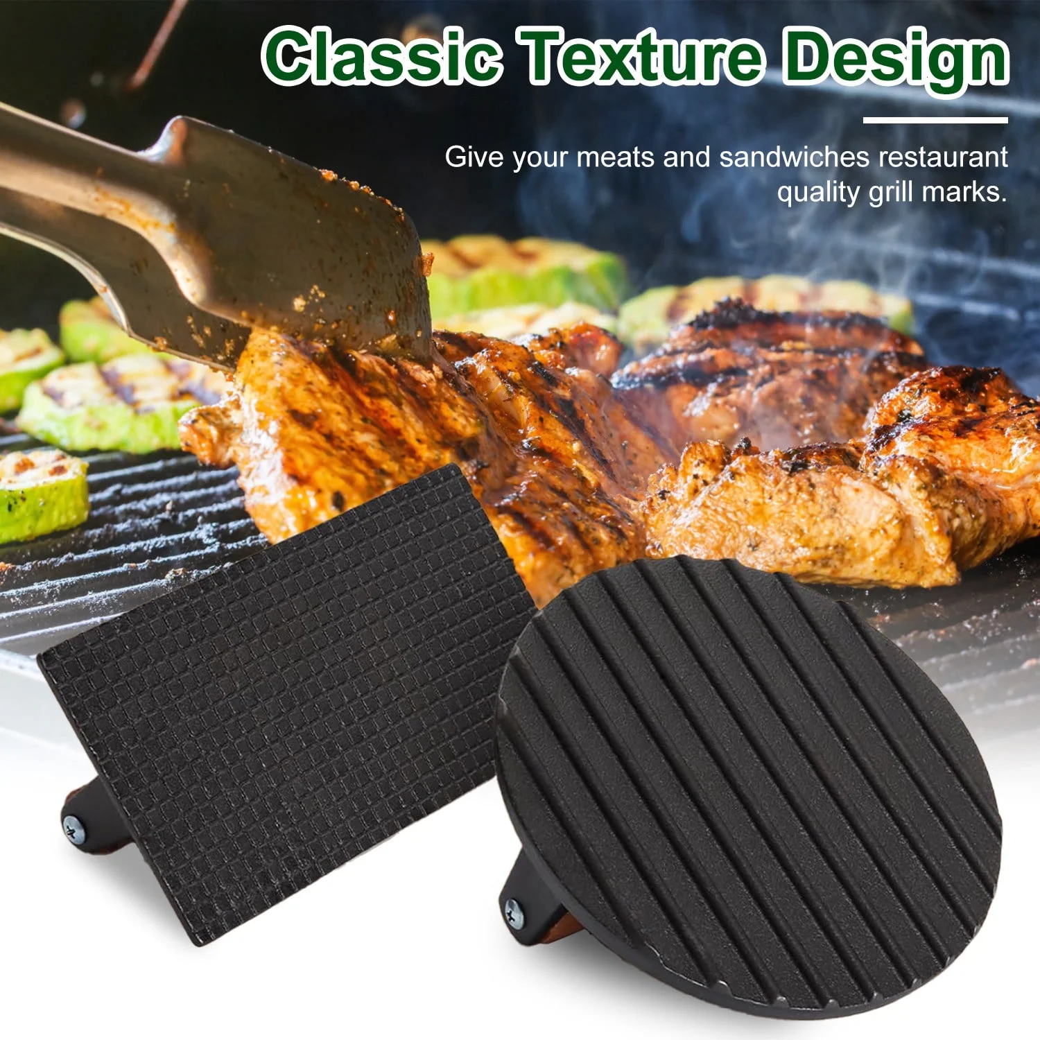 Pre Seasoned Cast Iron Grill, iMounTEK Heavy Duty Steak and Burger Press with Wooden Handle for Grills, Griddles and Flattops