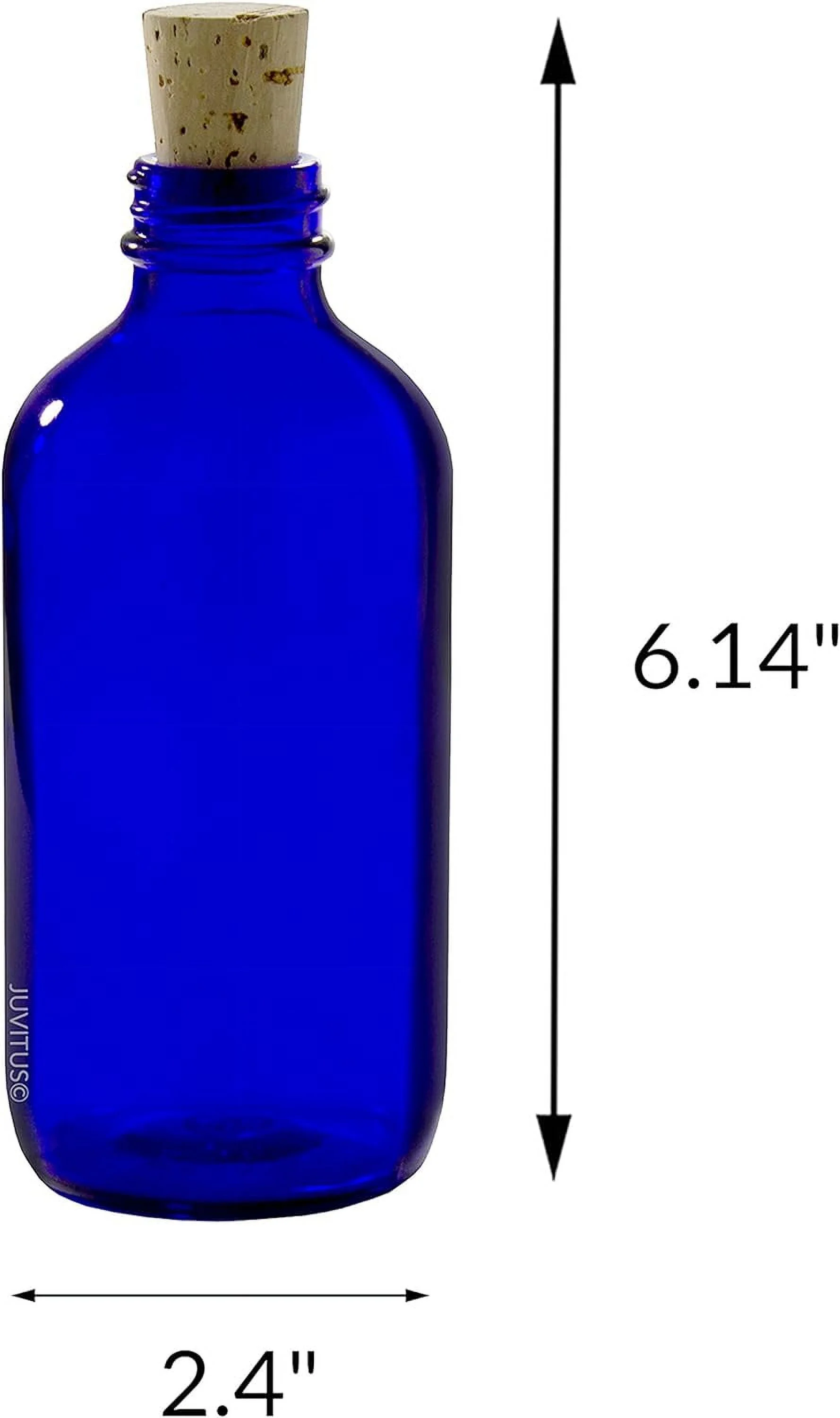 8 Oz Cobalt Blue Round Thick Plated Glass Bottle With With Cork Stopper Closure (4 Pack)