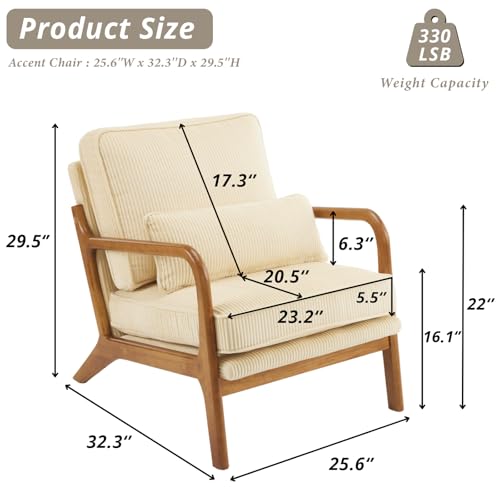 Karl home Mid-Century Modern Accent Chair, Living Room Chairs with Pillow Corduroy Upholstered Lounge Armchair with Solid Wood Frame & Soft Cushion for Bedroom, Reading Room, Beige & Yellow
