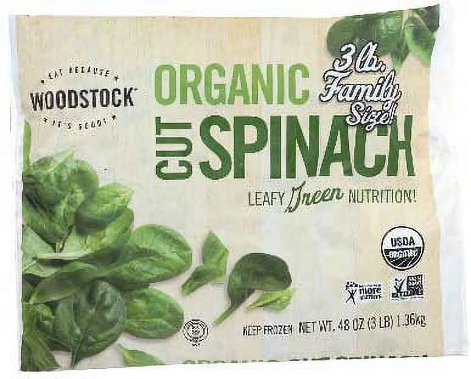 Woodstock Farms Organic Cut Spinach - Family Size, 3 Pound -- 6 per case.