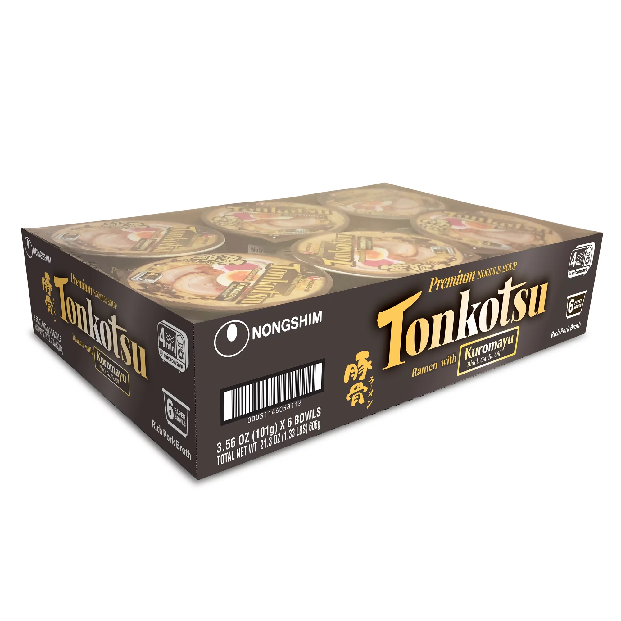 Nongshim Tonkotsu Spicy Pork & Black Garlic Ramyun Premium Ramen Noodle Soup Big Bowl, 3.6oz X 6 Count