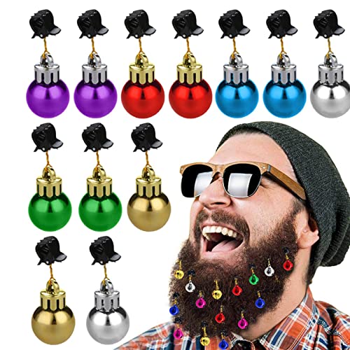 12PCS Christmas Bulb Beads Beard Ornament, Colorful Christmas Ball Ornament Christmas Facial Hair Baubles with Clip for Holiday New Year Festival Gift