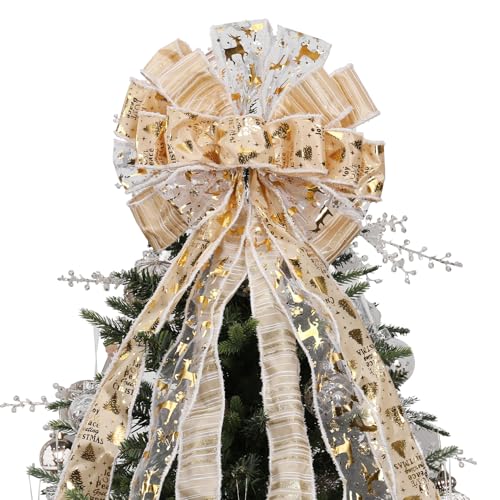 Christmas Tree Topper Bow, 44X12 Inch Artificial Xmas Tree Flower Topper Decor, for Family, Wedding, Birthday Party, Indoor Outdoor Thanksgiving Christmas Decoration - Gold/Snowflake.