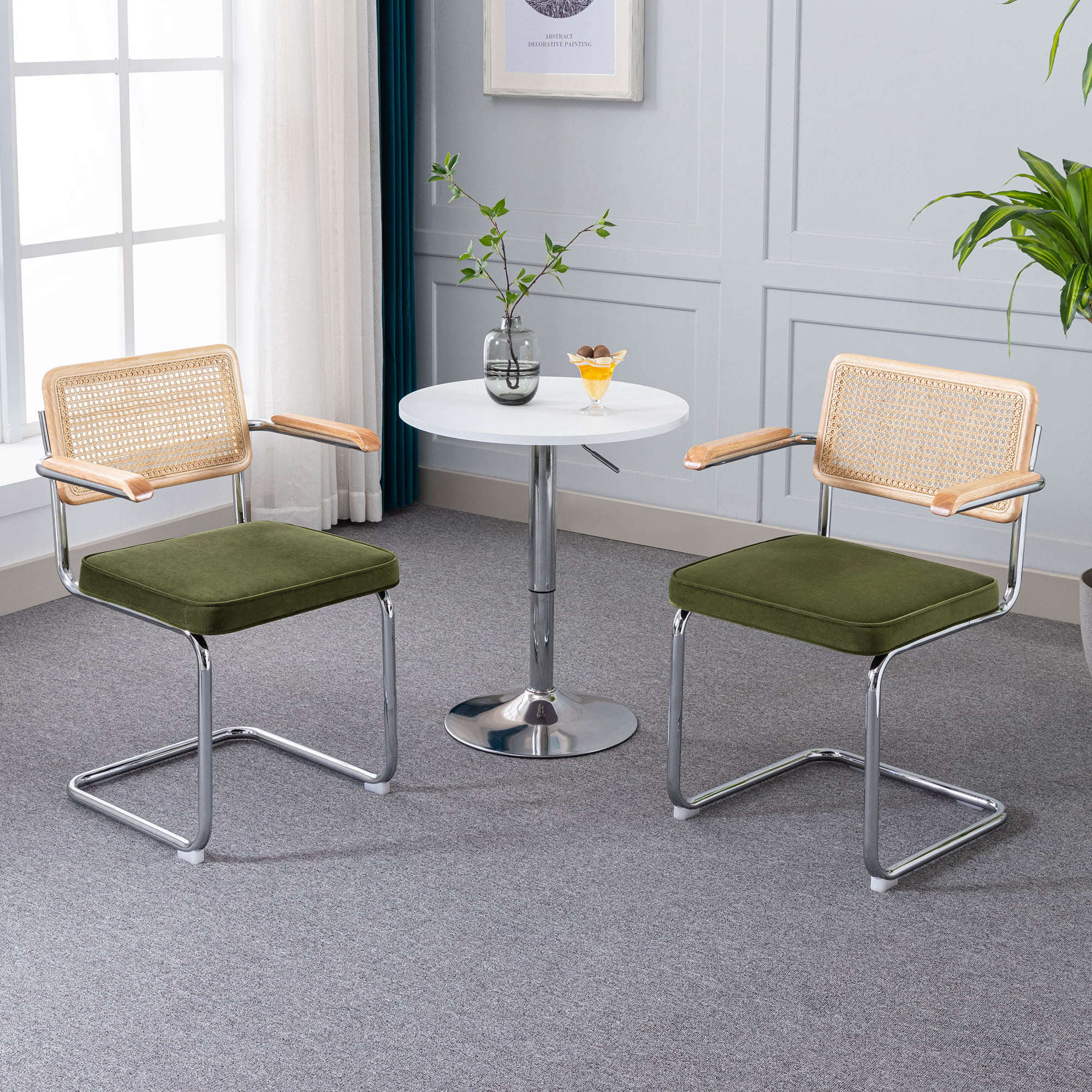 Zesthouse Mid-Century Modern Rattan Dining Chairs Set of 2, Velvet Upholstered Kitchen Arm Chair with Cane Back and Chrome Legs, Green