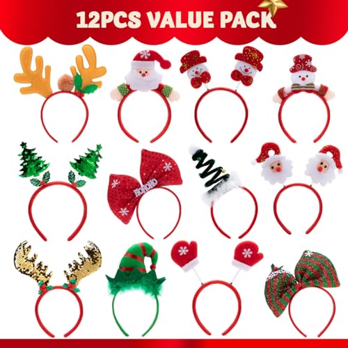 JOYIN 12 Packs Christmas Headbands with Assorted Design Christmas Headwear Holiday Headbands Accessories for Women Men Kids Christmas Parties Xmas Holiday Party Favors Photo Booth (ONE SIZE FIT ALL)