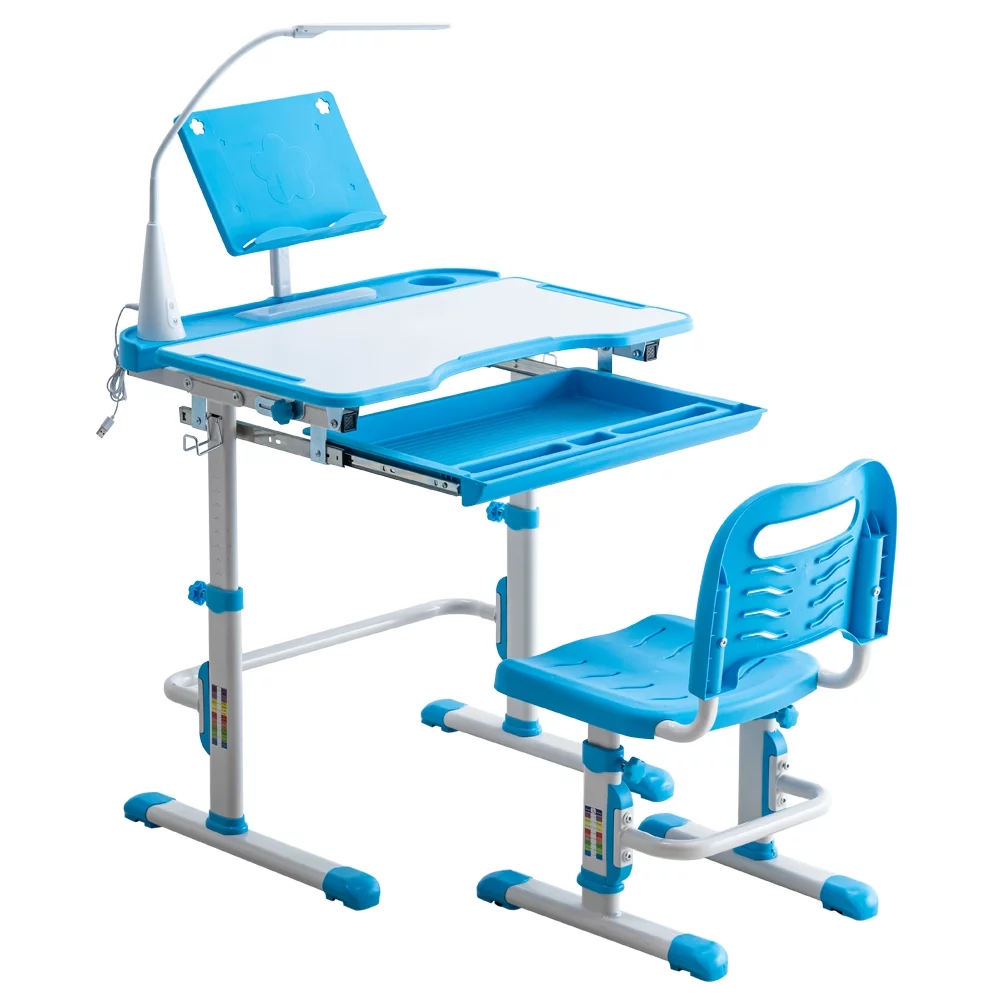 Kids Desk and Chair Set, Height Adjustable Children Study Table with Led Light, Bookstand, Wood Tiltable Anti-Reflective Tabletop, Portable Tilted 0-40° Table Top, for School 3-18 Boys & Girls