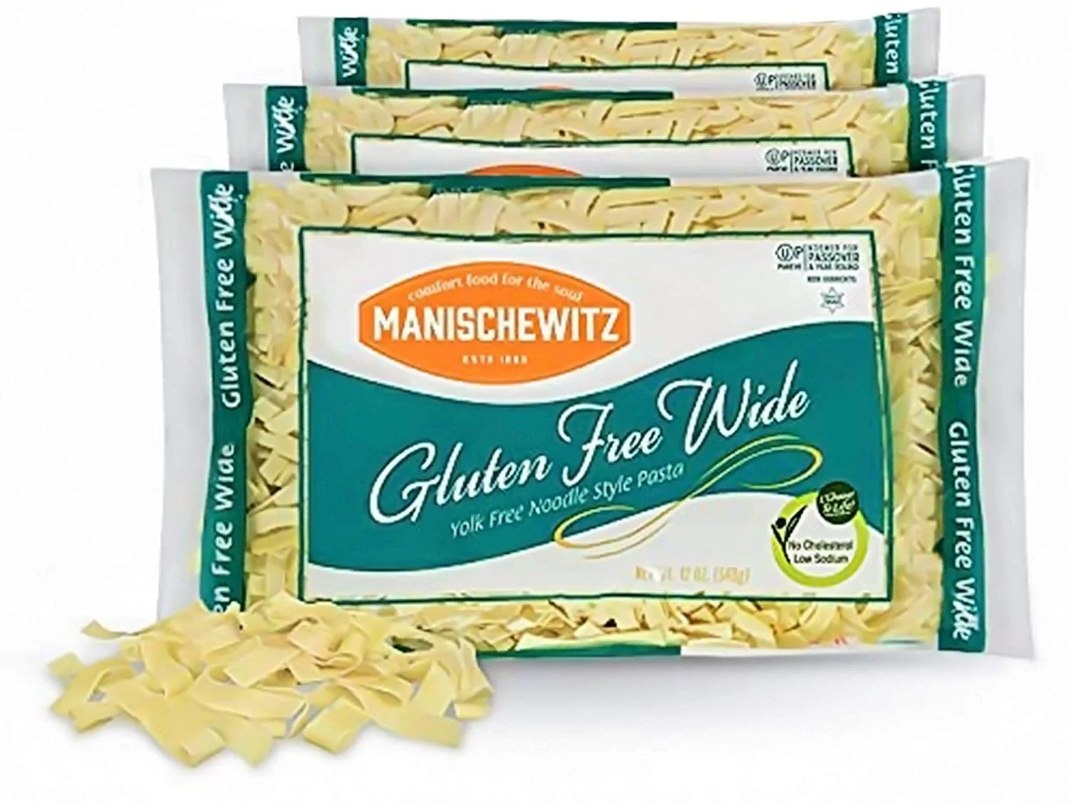 Manischewitz Gluten Free Wide Egg Noodles, 3 Pack, 12 oz each Yolk Free, Kosher For Passover and All Year Round Use