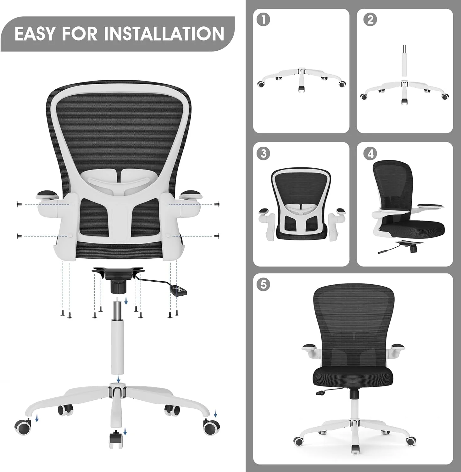 JIAH Office Chair, Office Chair,Breathable Mesh Desk Chair, Computer Chair with Flip-up Armrests, Rolling Swivel Task Chair,Home Office Desk Chair (White)
