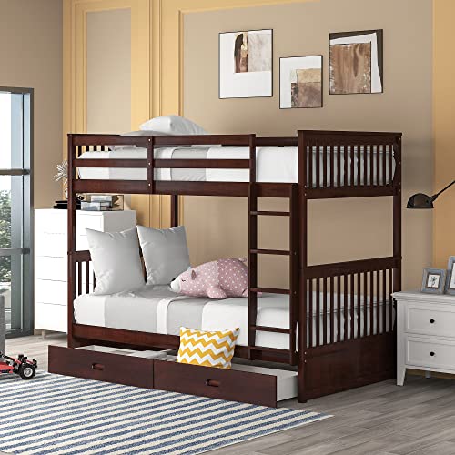 Harper&Bright Designs Twin Over Twin Bunk Bed with Trundle, 3 Storage Drawers, Safety Rail, and Removable Ladder, Can be Separated into 3 Bed, White