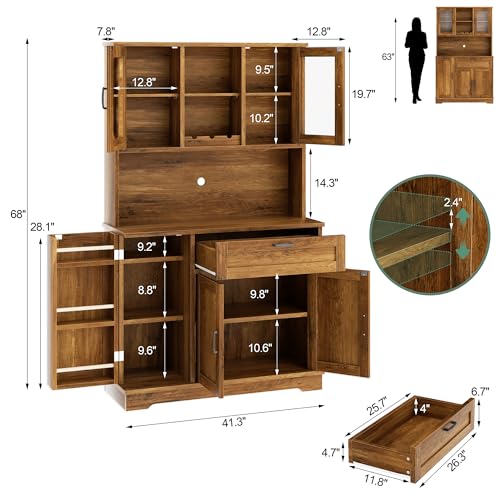 Shintenchi Kitchen Pantry Storage Cabinet, Freestanding Buffet Cabinet with Microwave Stand & 4 Door Shelves, Kitchen Hutch with Doors, Adjustable Shelves and Wine Rack, Brown