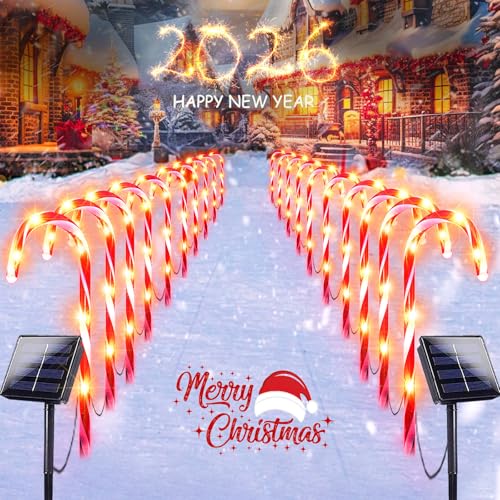20 Pack Solar Christmas Candy Cane Lights, Christmas Decorations Outdoor Waterproof, Solar Powered Pathway Lights with 8 lighting Modes & Memory Function for Outside Party Garden Yard Patio Decoration