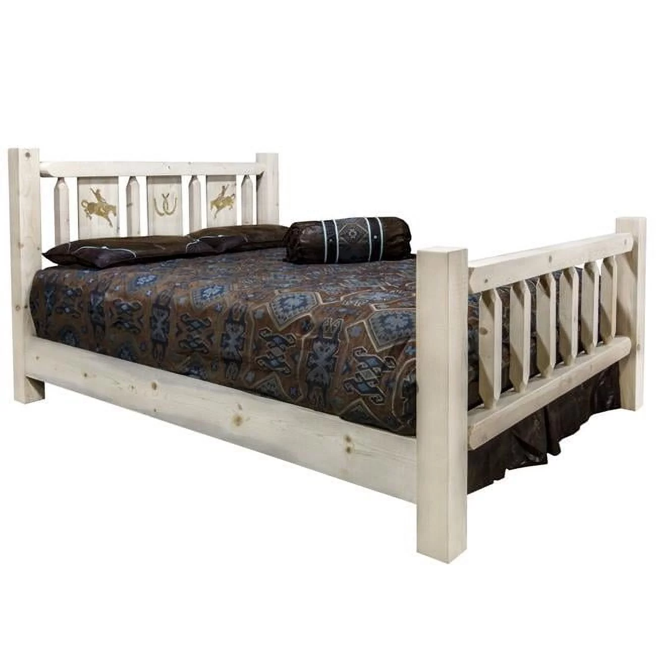 Homestead Collection California King Size Bed with Laser Engraved Bronc Design, Clear Lacquer Finish