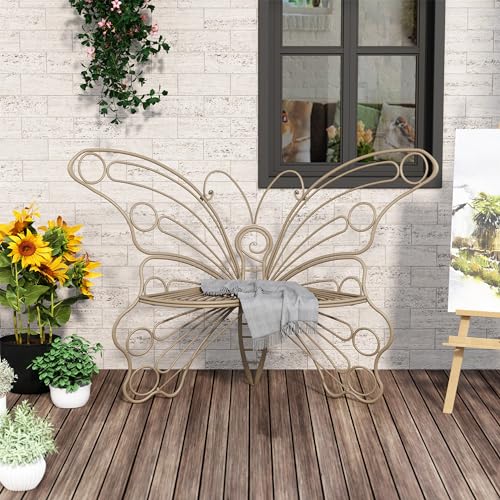 50 Inches Outdoor Bench, Garden Bench with Sturdy Iron Metal Frame, Pretty Butterfly Bench Front Porch Bench for Porch,Lawn,Garden,Yard