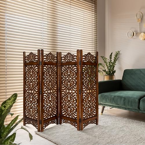 Lightnpro Wooden Room Divider - Handmade Foldable Partition Screen with Intricate Oval Carved Design Hinged, Pre-Assembled 4 Panel Privacy Panel for Home & Living Space (48x64 Inch) Antique White
