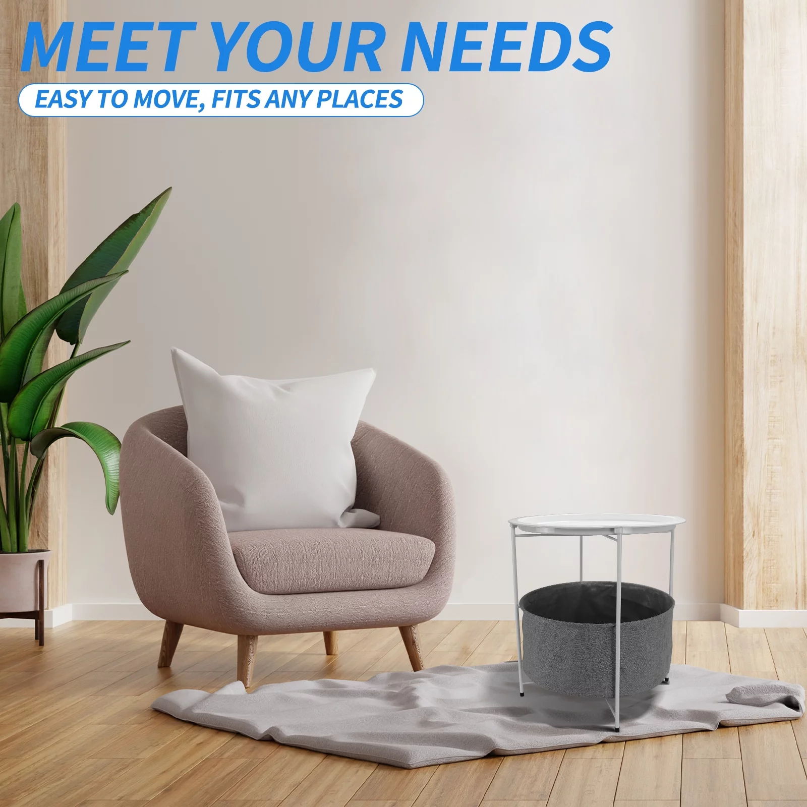 Voilamart Metal Tray End Table, Round Accent Coffee Side Table with Fabric Storage Basket,Outdoor Small Side Table, Indoor Modern Sofa Side Table Bedside Table for Living Room Bedroom Balcony