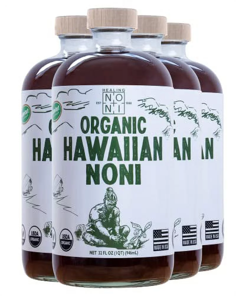 Healing Noni - Organic Hawaiian Noni Juice - 4 Pack of 32oz Glass Bottles