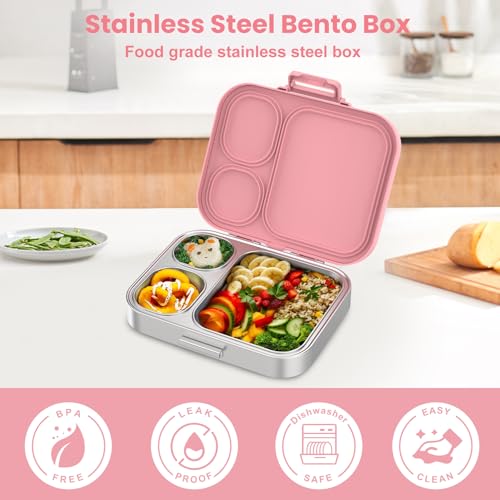 Stainless Steel Bento Lunch Box for Kids | 3-Compartment Lunch Box Container Kids | 100% Leakproof, Dishwasher-Safe, Eco-Friendly, Perfect Portion Control for Kids&Adult Healthy Meals (Green)