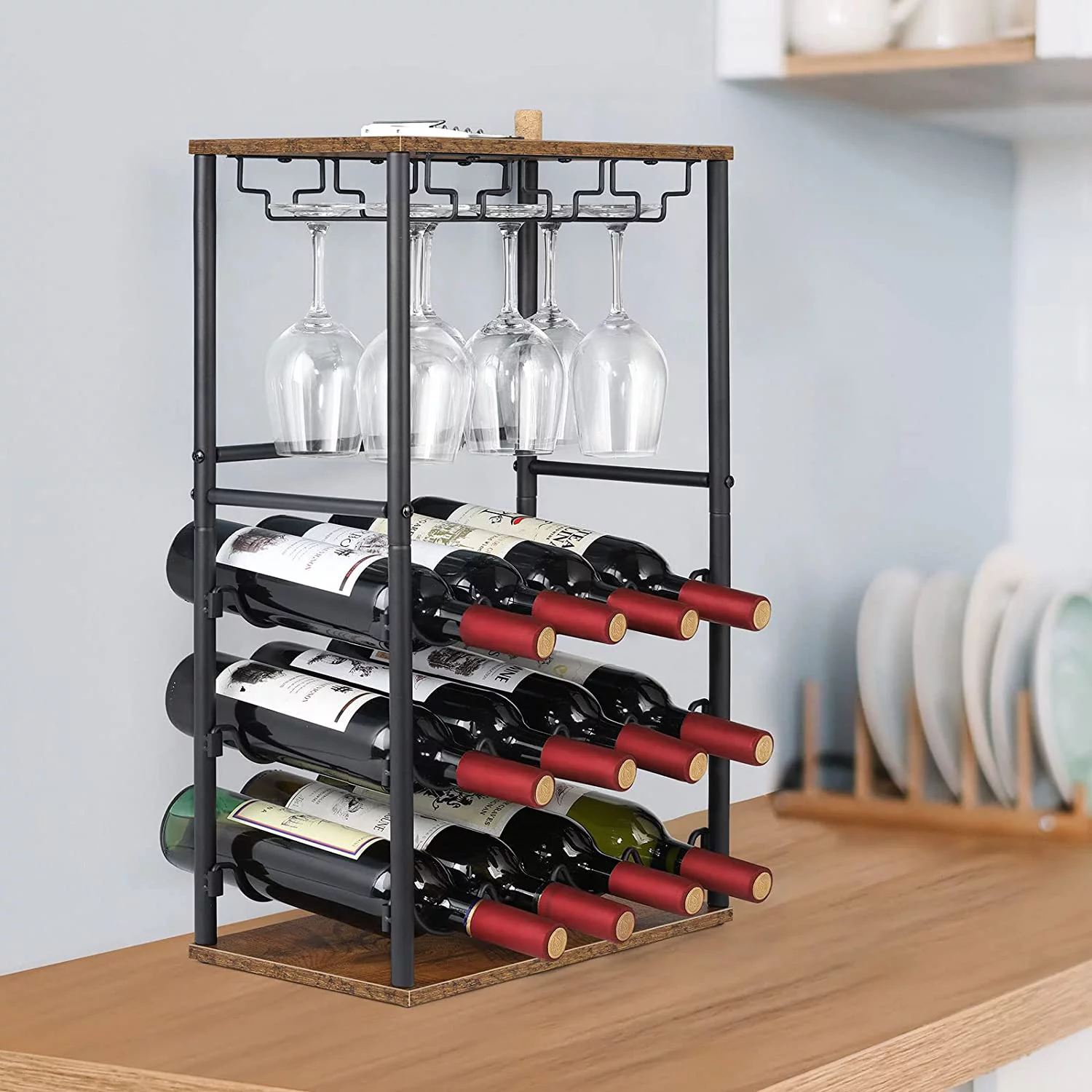 Oumilen 7.11 lb. Countertop Brown Wine Bar Rack, Holds 12 Bottles and 6 Glasses