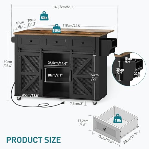 Kitchen Island with Storage, Kitchen Cart with Charging Station, Rolling Kitchen Island Table with Drop-Leaf, 3 Drawers, Barn Doors, Towel Rack and Spice Rack, White and Natural