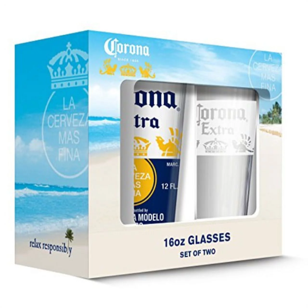 corona crown & white band pub glass (set of 2), clear
