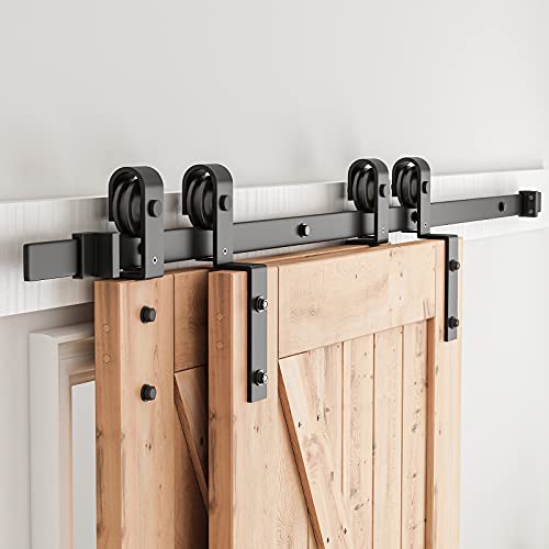 SMARTSTANDARD 6.6 Feet Bypass Sliding Barn Door Hardware Kit - for Double Wooden Doors-Single Track - Smoothly & Quietly - Easy to Install-Fit 67