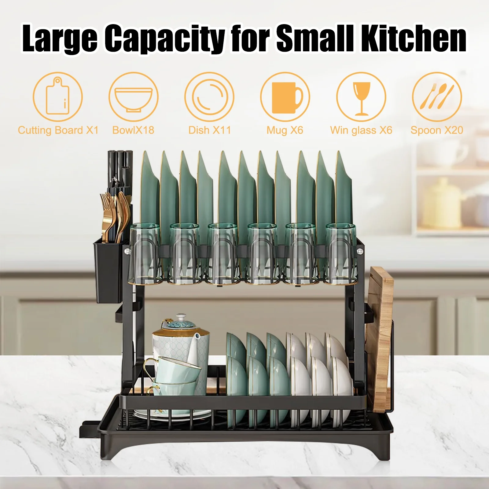 Dish Drying Rack for Kitchen Counter with Drainboard, Detachable Stainless Steel 2 Tier Large Dish Racks Drainer Sink Organizer with Utensils Holder and Cup Holder, Black