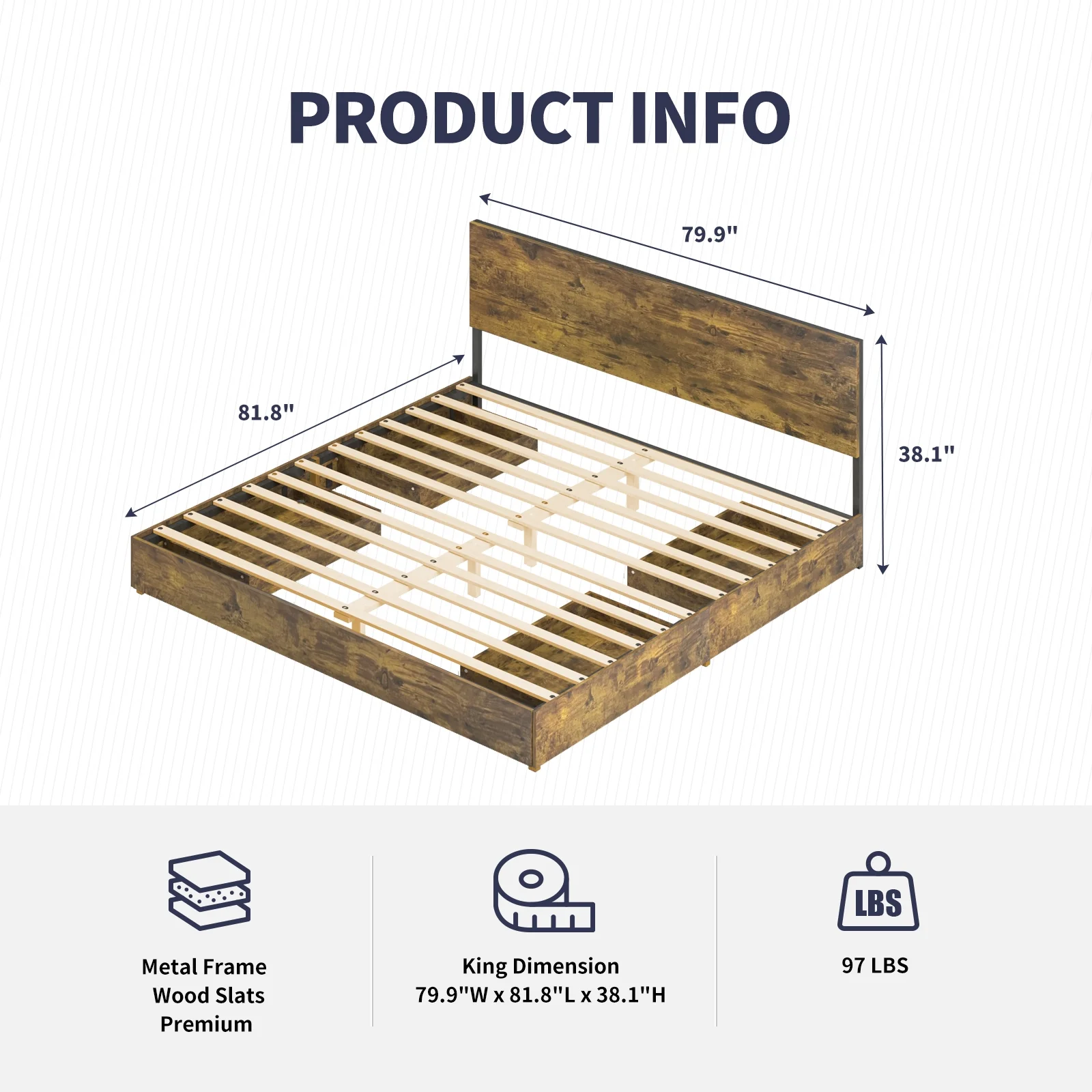 ijuicy King Size Bed Frame with 4 Storage Drawers, Wooden Headboard and Solid Metal Frame Vintage Platform Bed with Large Storage Space, No Box Spring Needed & Noiseless Bed Frame