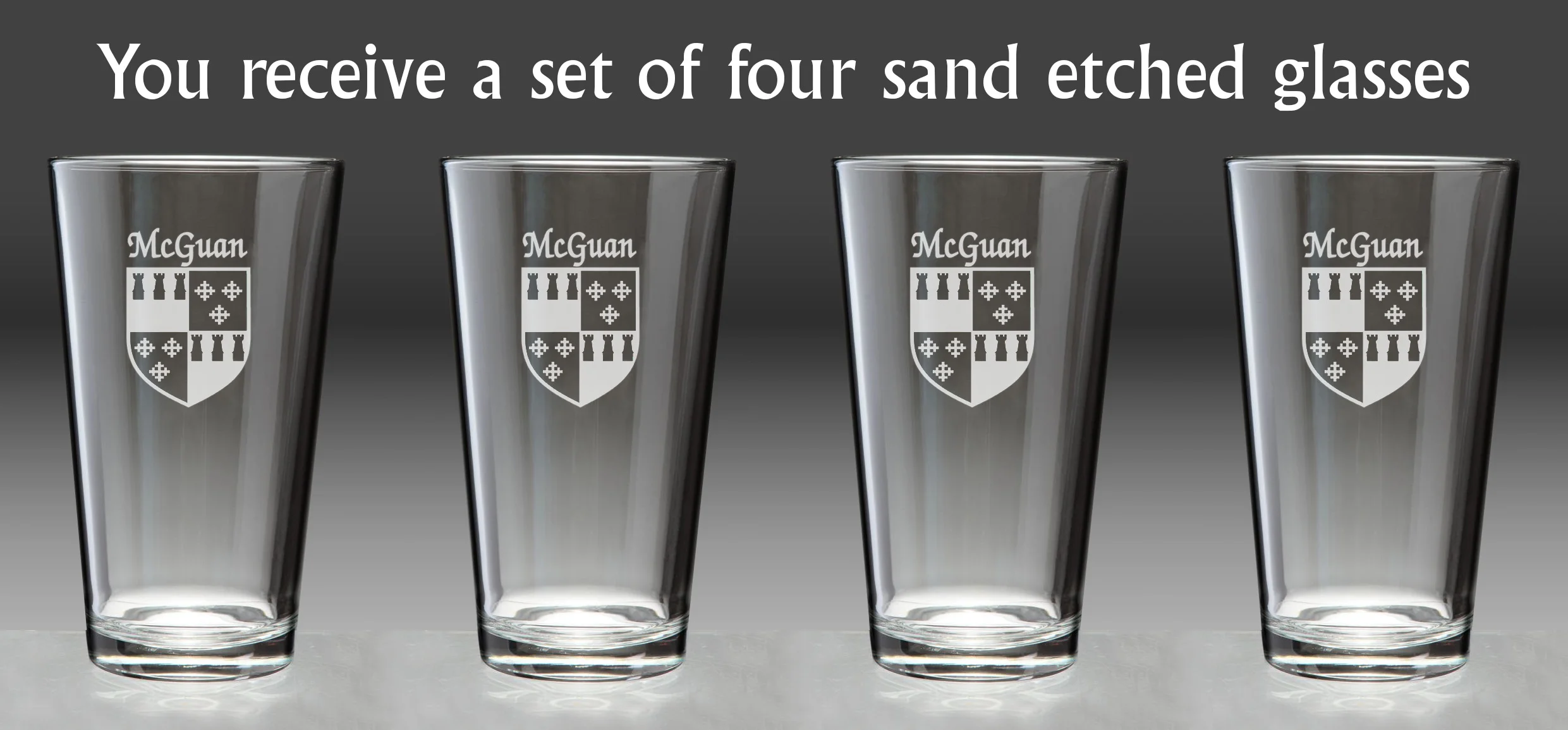McGuan Irish Coat of Arms Pint Glasses - Set of 4 (Sand Etched)