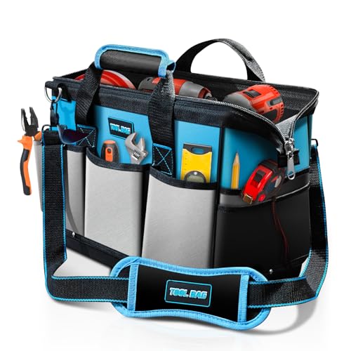 16 Inch Tool Bag Heavy Duty Tool Box Organizer, Portable Tool Organizers and Storage Bag, Tactical Toolbox with Anti-Slip Base & Adjustable Strap for Electrician, DIYer, HVAC, Mechanic