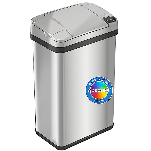 13 Gallon Trash Can Kitchen Garbage Can with AC Adapter and Odor Filter, Stainless Steel Home Office Home Office Work Bedroom Living Room Garage Trashcan Wastebasket Slim Lage Capacity