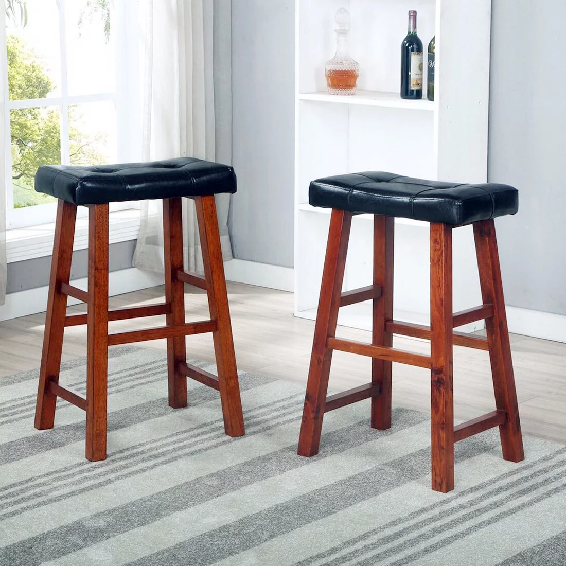 eHemco Heavy-Duty Padded Faux Leather Saddle Espresso Seat Kitchen Counter Barstools, 29 Inches, Dark Oak Legs, Set of 2