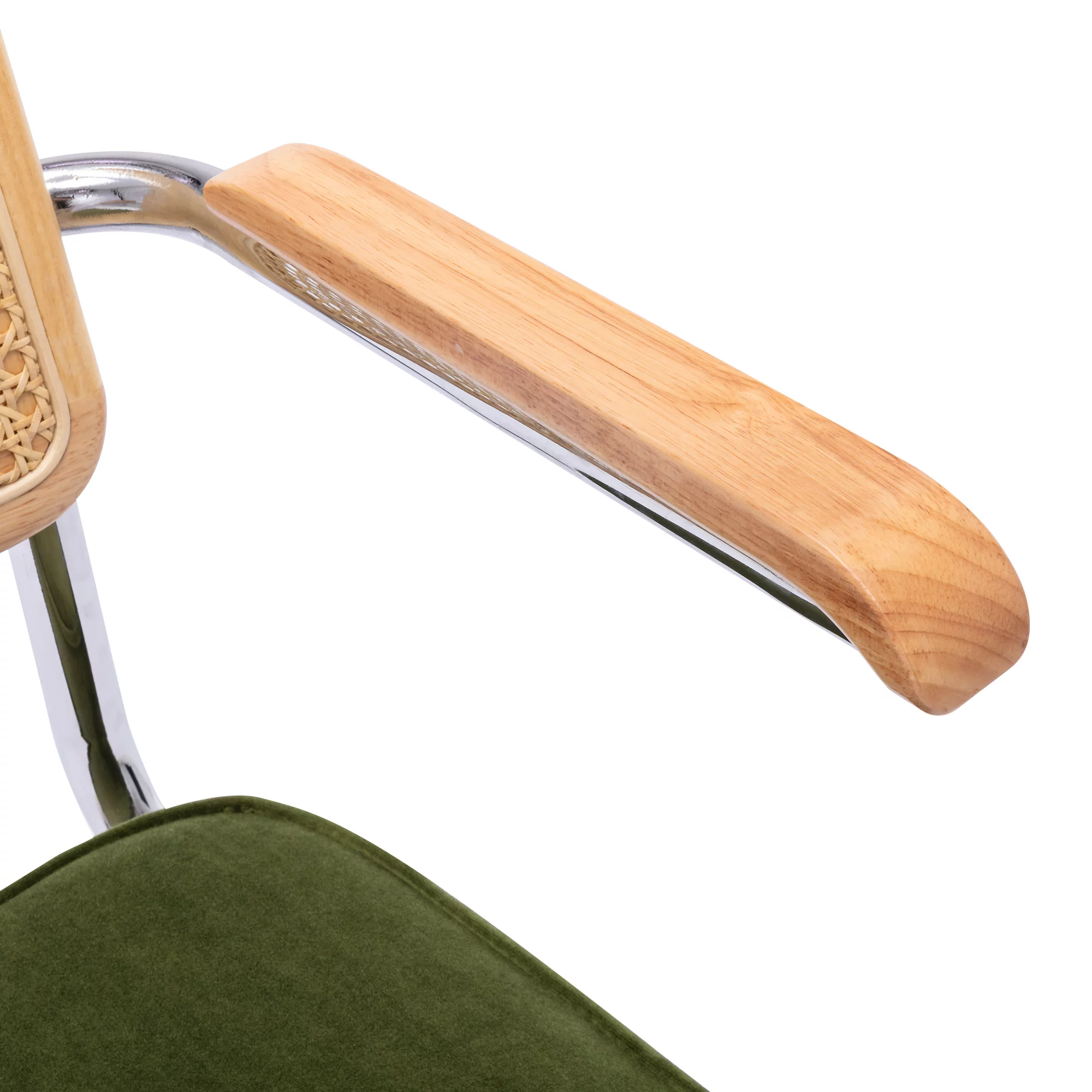 Zesthouse Mid-Century Modern Rattan Dining Chairs Set of 2, Velvet Upholstered Kitchen Arm Chair with Cane Back and Chrome Legs, Green