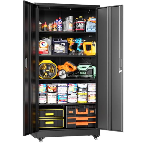 Greenvelly Metal Storage Cabinet with 4 Swivel Wheels,73” Black Garage Storage Cabinet with Wheels, Rolling Tool Cabinet with Locking Doors and Shelves for Home,Basement, Kitchen Pantry,Warehouse