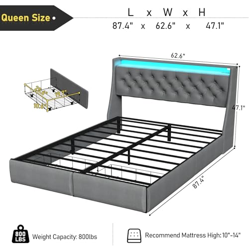 Queen Bed Frame with Storage Headboard and 4 Drawer, Metal Platform Bed Frame Queen Size with LED Light, Charging Station, No Box Spring Needed, Noise Free, Easy Assembly, Grey