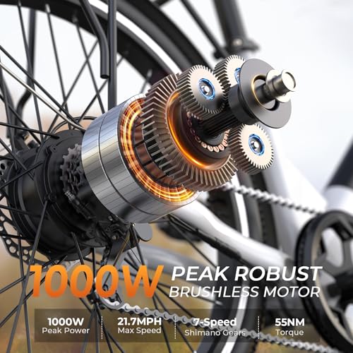 Electric Bike for Adults, 1000W Peak EBike, 50 Miles 21.7MPH Adult Electric Bicycles with 48V Built-in Removable Battery, Adjustable Stem, Rear Rack, 7 Speed, 26