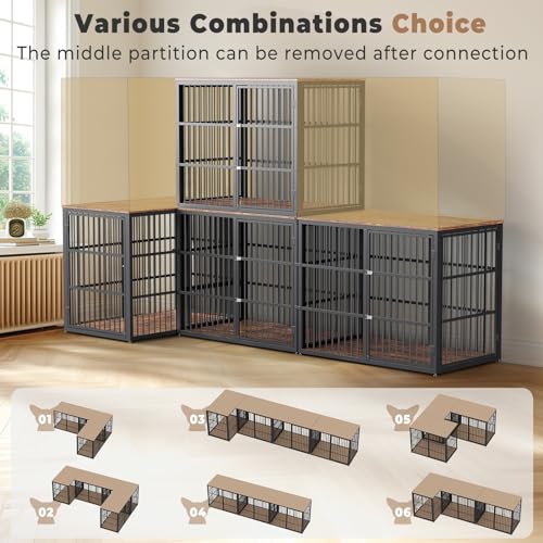 94.48'' Dog Crate Furniture Large Breed TV Stand with Double Rooms,Wooden Dog Kennel Dog Crate End Table with Removable Divider for Large Medium Dogs, Can Use Separately