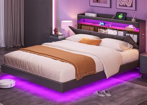 LINSY Floating Bed Frame Full Bedframe with Headboard, Black Full Size Bed Frames with Storage, Modern Upholstered Platform Bed with LED Lights & Charging Station, No Box Spring Needed, PU Leather