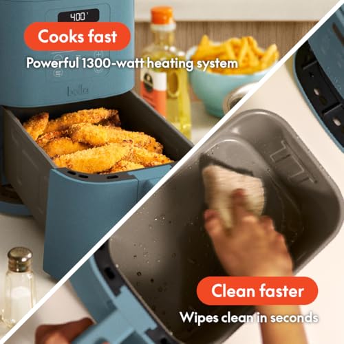 bella 4Qt Slim Air Fryer, Fits-anywhere™ Kitchenware, EverGood™ Ceramic Nonstick Coating, Adjustable Temperature, 6 Preset Cooking Options, 60 Min Auto Shutoff w Audible Tone, 3.3lb Capacity, Oatmilk