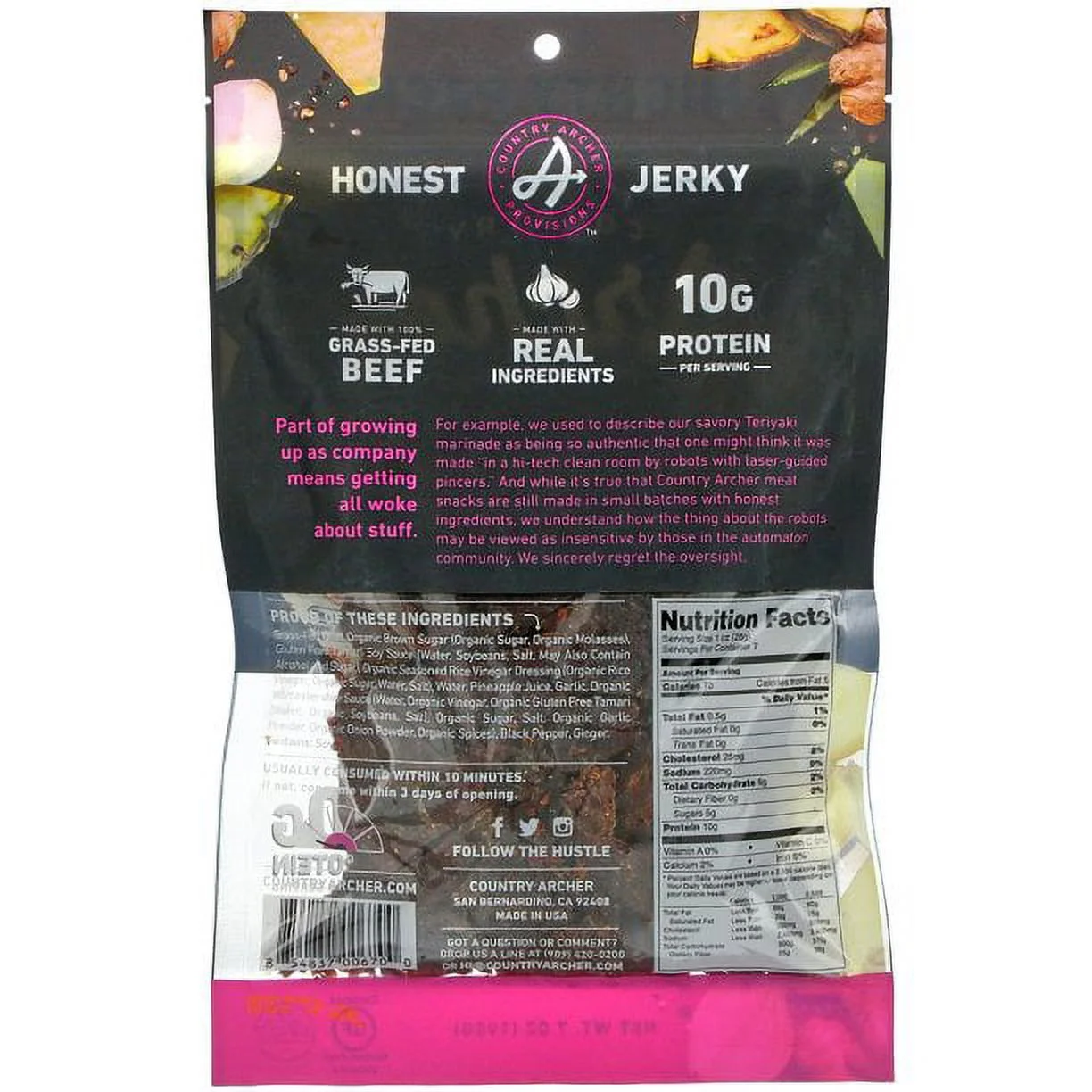 Country Archer Beef Jerky Grass-Fed Teriyaki -- 2.5 oz Pack of 2