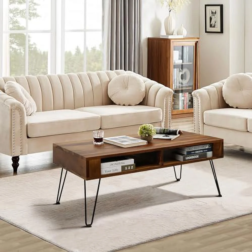 YZboomLife 39.4 Inches Coffee Table  Mid Century Modern Coffee Table with  Space  Natural Wood Coffee Table with 4 Hairpin Legs  39.4" Lx24 Wx18 H  Vintage Brown